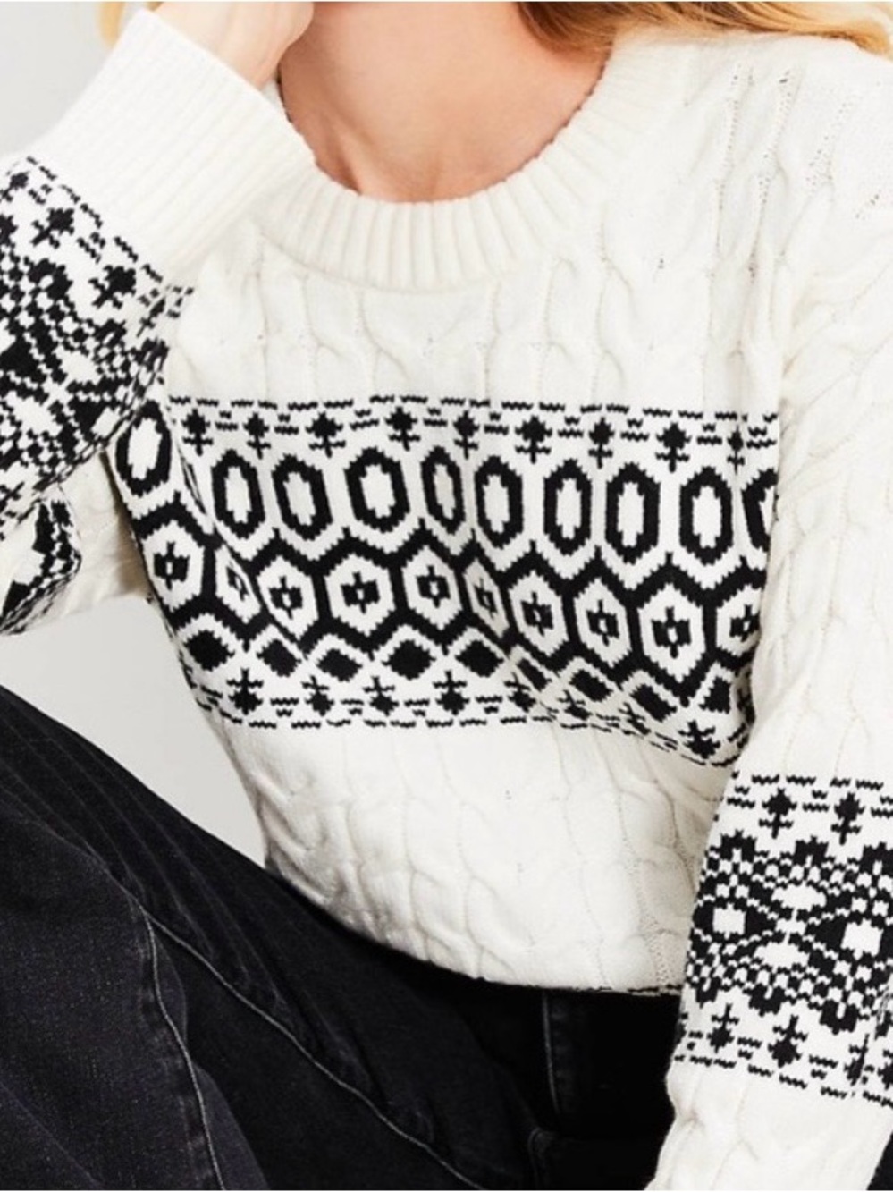 LOFT Cream Black Fair Isle Cable Knit Sweater Women's Large Warm Cozy Fisherman